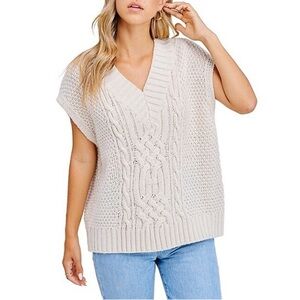 En Saison Alisa Natural Ivory Cream V-Neck Cable-Knit Sweater Vest Sz M